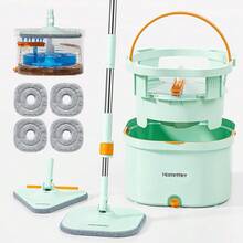 And Bucket Set | Spin Mop With Dual-Tank Clean/Dirty Water Separation | 4 Microfiber Pads For Deep-Cleaning Floors | Versatile Mops Triangular Head For Walls - Cây lau nhà xoay kèm 4 miếng lau - Xem 1