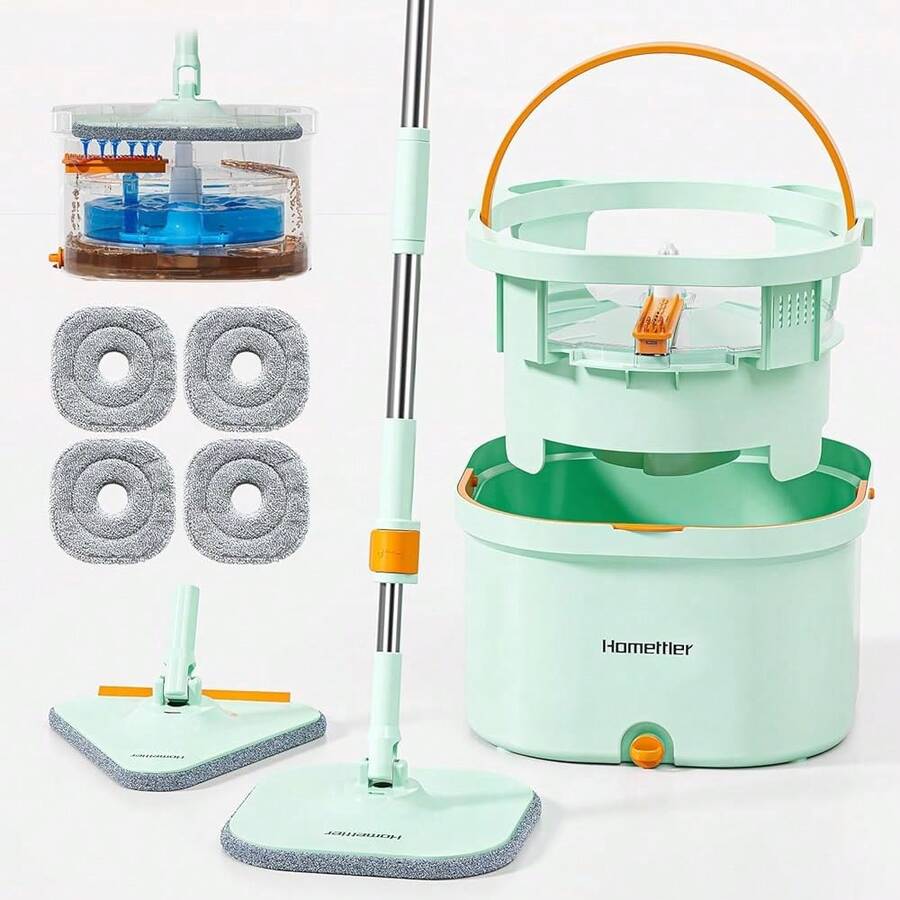 And Bucket Set | Spin Mop With Dual-Tank Clean/Dirty Water Separation | 4 Microfiber Pads For Deep-Cleaning Floors | Versatile Mops Triangular Head For Walls - Cây lau nhà xoay kèm 4 miếng lau - Xem 1