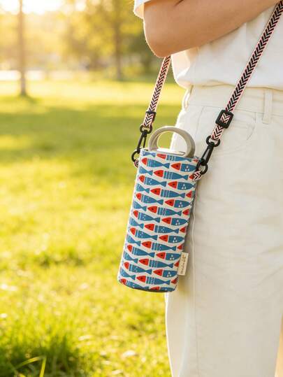 1 pieza Bolsa portátil de algodón y lino ligera con estilo de bosque y color fresco para llevar vasos, bolsa de primavera para vasos para exteriores