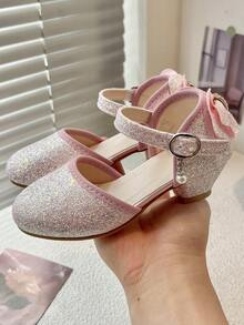 女童闪亮低跟凉鞋，蝴蝶结珍珠踝带闪亮派对鞋 - 粉色 - 查看 6