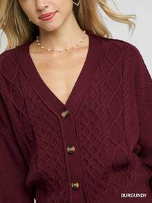Womens Casual Cardigan Classic Preppy Honeycomb Knit Textured Cropped Sweater Button Front Casual Basic Short Regular Fit Burgundy Long Sleeve Round Neck Fall Winter Spring Everyday Wear Office Style - 酒紅色 - 查看 4