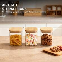 12 Square Glass Jars With Airtight Bamboo Lids, 17 Oz/500 Ml Capacity. Wide-Mouth Clear Glass Food Storage Containers, Glass Kitchen Jars With Labels And Cleaning Cloths, Rose Gold Spoons, Perfect For Holiday Gifts. - 12件套裝 - 查看 8
