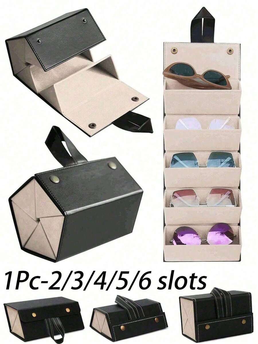 1pc Foldable Hanging Fashionable Eyeglass Storage Box, Portable Eyewear Case (2 Slots Black / 3 Slots Brown) - Black - View 1