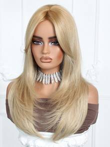 24英寸金色层次感刘海假发，优雅棕色长直发，适合日常、派对、圣诞节、新年、音乐节、角色扮演、送给女孩的礼物、毕业礼物、万圣节和圣诞节礼物 - 金色 - 查看 6