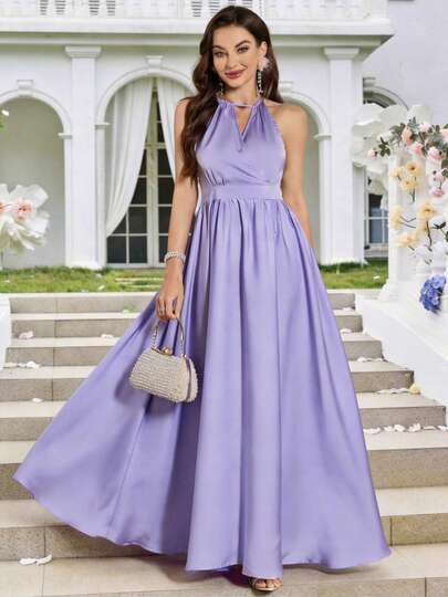 Women's Halter Neck Ruched Elegant Solid Color Hollow Out Party Dress Wedding Spring