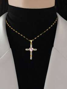 1件简约个性化全镶钻十字架粉色爱心吊坠项链，奢华优雅晚装 - 金色 - 查看 3