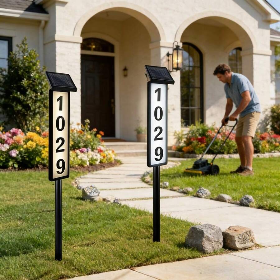 2pcs Outdoor Solar Mailbox Light With Pole, Dual-Mode Design, 1200Mah,Easy Installation, LED Address Sign For Home And Mailbox, Modern Lighting Technology, Glow-In-The-Dark Numbers, A Must-Have For Homeowners - Upgraded Solar House Number Light - View 1
