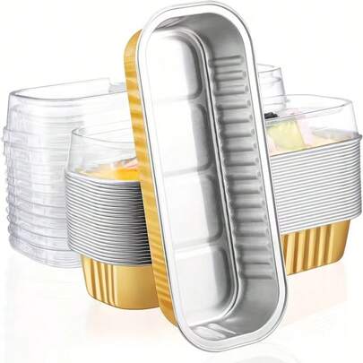 25/50pcs Gold Aluminum Foil Mini Loaf Pans With Lids, Ideal For Baking Mini Cakes, Foil Cakes, Breads, Muffins And Cream Cakes, Suitable For Summer Celebrations