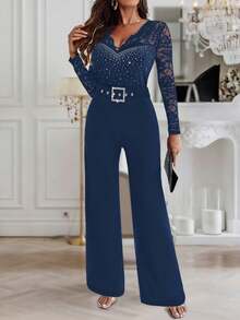 ChicMe Women's Rhinestone Shell Trim Deep V-Neck Lace Patchwork Jumpsuit, High Waist Zipper Back Straight Leg, Elegant Party Cocktail Dress Spring - Blue - View 6