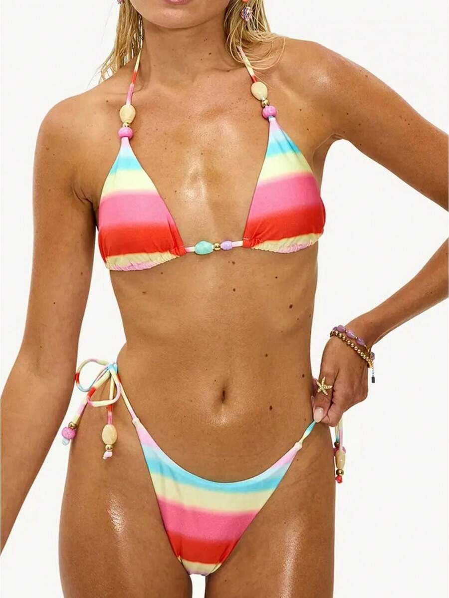Women's 2 Piece Swimsuits Summer Contrast Color Triangle Bikini Set High Cut Two Piece Bathing Suits - Multicolor - View 1