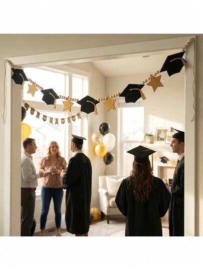 1 Set Graduation Cap Star Bead Garland, Graduation Party Decor Streamers, Classroom Door Curtain Fireplace Bookshelf Hanging Ornament, Graduation Ceremony Photo Backdrop, Campus Graduation Atmosphere Decoration