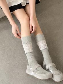 1 Pair Women's Lace Splice Slimming Leg High Socks, Spring/Summer Style, Versatile To Pair With Skirts - Multicolor - View 8