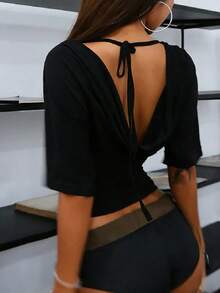 Miuning Parte superior corta con cuello en V profundo, frente retorcido, cintura fruncida y mangas descubiertas de los hombros, unicolor, cuello en V, espalda con cinturón, holgada, camiseta de mujer para el verano, ropa de playa, para ir a trabajar, elegante, sexy, vacaciones, playa, Hawái, festival de música, romántica, cita, color negro - Negro - Ver 3