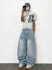 1pc Justice Brother Casual Loose Fit Wide Leg Jeans, Versatile Streetwear Design For Commuting, All Seasons - Blue - View 6