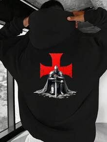 Large Size Men's Hooded Sweatshirt Featuring A Medieval Knight And Red Cross Motif. - Black - View 7