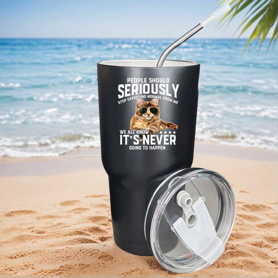 30oz Stainless Steel Tumbler Black White Options, People Should Seriously Stop Expecting Normal From Me We All Know It's Never Going To Happen Graphic Cups, Insulated Travel Coffee Mug With Lid And Straw , Double Wall Vacuum Reusable Travel Cups, Funny Birthday Party Gift For Women & Men - 黑色 - 查看 1