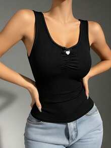 Áo camisole ôm dáng, cổ ren đen, chất liệu gân, thoải mái, mềm mại, không tay, có đệm ngực tích hợp, trang trí nơ. - màu đen - Xem 3
