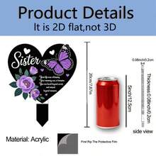 2D Flat Design, Sisters Memorial 2D Flat Acrylic Heart-Shaped Garden Plaque - Purple Butterfly Floral Pattern, Suitable For Garden, Yard, Cemetery Decor, 2D Flat Design - B - View 6