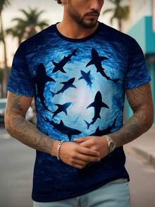 男士圆领鲨鱼图案短袖T恤，夏季度假风 - 彩色 - 查看 4