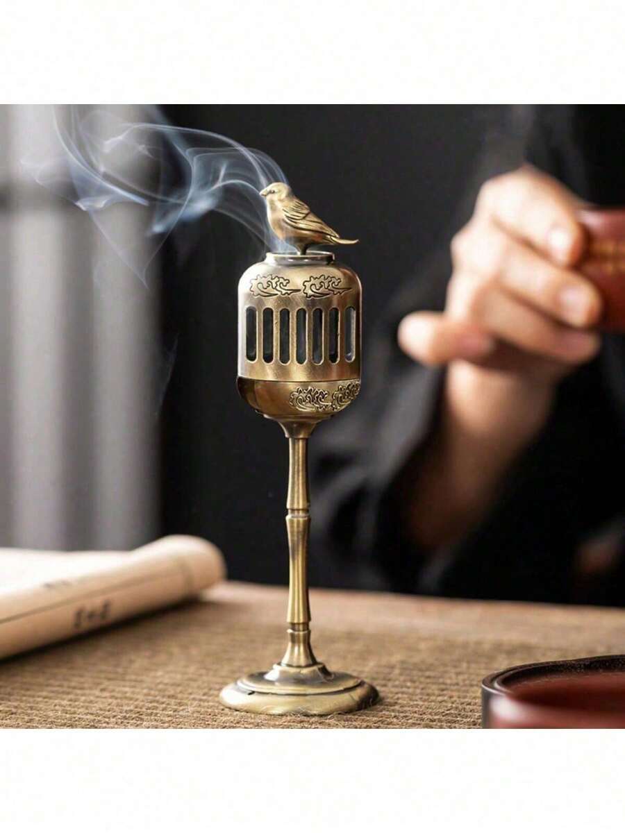 金喜鹊灯笼香炉，复古风格桌面芳香疗法装饰，香座，客厅配件，金属香炉，家庭寺庙装饰，芳香疗法，香架，香塔，檀香容器，茶道，礼物，传统文化礼物 - 摩卡棕 - 查看 1