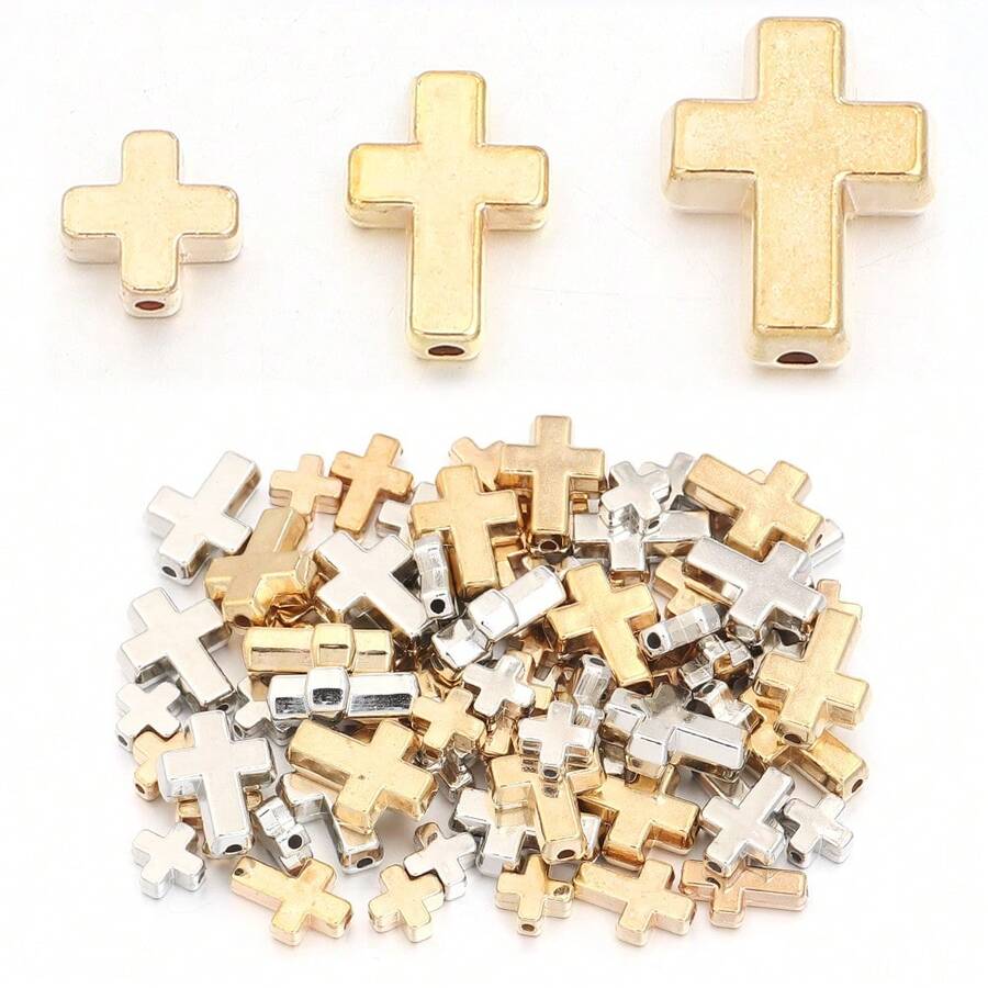 50 piezas de cuentas de cruz CCB electrochapadas en 3D, en colores dorado y plateado, para hacer joyas DIY, collares, manualidades, encantos de teléfono, llaveros, decoración