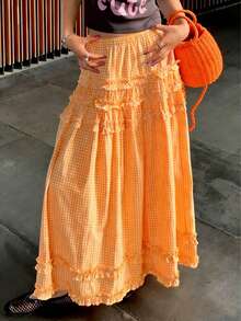 Solstice Apparel Orange Yellow Gingham Multi-Layer Ruffle Maxi Skirt, High Waist Loose Fit Long Skirt, Boho Vacation Style, Perfect For Daily Commute, Outings & Dates, Spring Summer Versatile Bottoms - Yellow - View 1