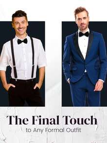 一套男士弹力背带和格子领结套装，可调节裤带和格子领结西装，适合日常穿着、婚礼、派对、宴会等场合。 - 黑色 - 查看 4