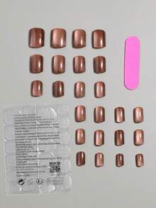 VV MEI JIA ER 24pcs Deep Brown Cat Eye Design Short Square False Nails, Minimalist Solid Color Full Coverage Short Nail Stickers, Suitable For Office & Daily Wear, Comes With 1 Nail File And Gel Adhesive - Brown - View 6