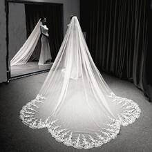 1件装奢华蕾丝新娘头纱，带梳子，长蕾丝边教堂式头纱，3.5米，柔软薄纱婚纱头纱，适合新娘、派对和仪式。 - 彩色 - 查看 2