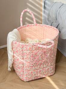 1Pc Floral Print Quilted Storage Basket Laundry Basket Large Capacity Portable Storage Bag Foldable Snack Basket With Handle For Women And Girls Cosmetic Storage Basket Toy Storage Basket Skincare Storage Basket Women Makeup Storage Multifunctional Storage Basket Cosmetic Organizer Home Decor Livingroom Bedroom Decor Bathroom Decor Closet Organization And Storage Clothes Organizer Home Deco School Dormitory Back To School Essentials - Pink - View 8