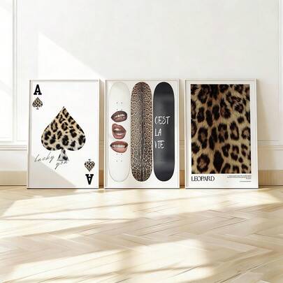 1/3 sztuki Obraz ścienny z lampartem, As pik i deskorolka, obrazy na płótnie, estetyczne plakaty Y2K, C'est La Vie i cytat "Szczęściarz, że jesteś", do sypialni, akademika, salonu, dekoracja ścienna, prezent dla nastolatek, miłośników mody, bez ramki