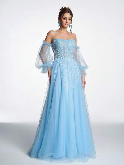 Anymoon Elegant Blue Handmade Beaded Lace Sequin Mesh Strapless Backless Tie Strap High-Low Formal Dress. Suitable For Weddings, Galas, Engagement Ceremonies, Coming-Of-Age Parties, Graduation Ceremonies, Homecoming Parties, And Other Formal Occasions. Detachable Puff Sleeves. Party Spring
