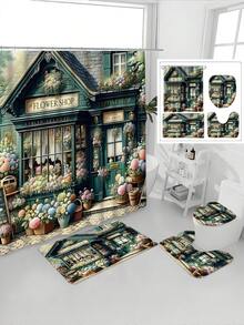 1/4pcs Green Floral Print Waterproof Bathroom Curtain Set, Includes Shower Curtain, Hooks, Anti-Slip Mat, U-Shaped Mat, Toilet Lid Cover, Thick Polyester Fabric, Prevents Water Accumulation - A - View 4
