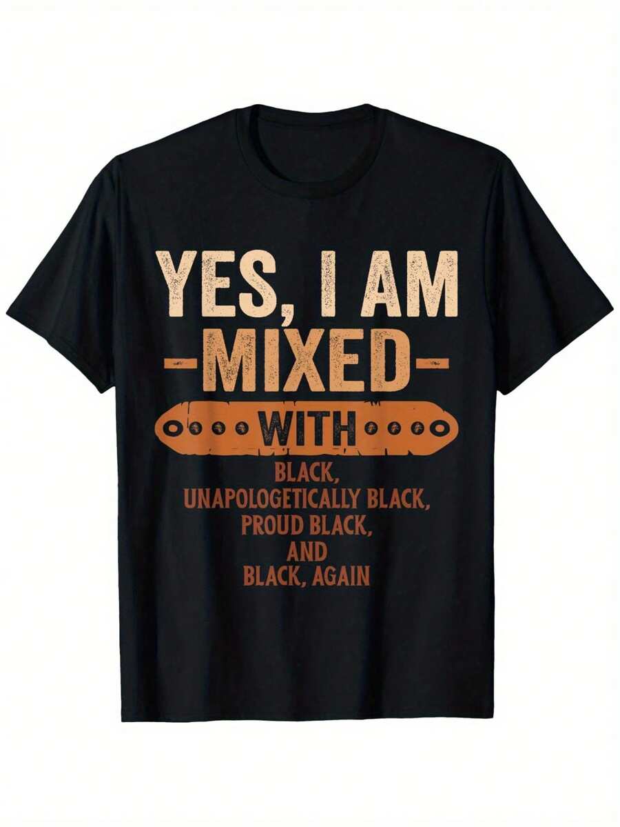 Camiseta "Sí, soy parte del mes de la historia afroamericana" con estampado "Cool Melanin", ropa para hombres altos y corpulentos, camiseta casual de algodón de manga corta con cuello redondo para las cuatro estaciones, 100% algodón, tallas S-XXXL. - Negro - Ver 1