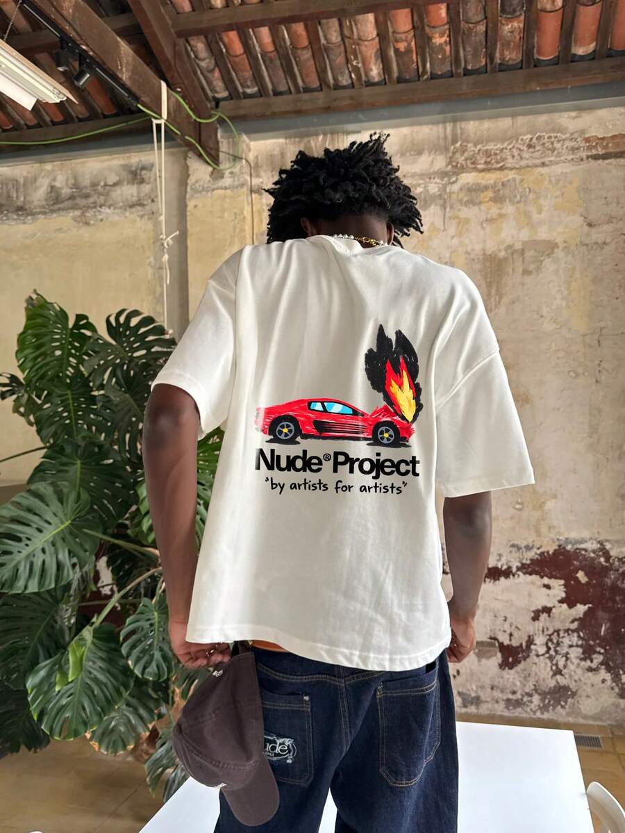 Camiseta de moda nueva para hombres con estampado de letras y automóviles de estilo hip hop - Blanco - Ver 1