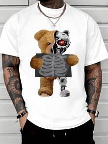 Oso mitad tierno mitad androide muestra la dualidad entre la inocencia y la tecnología revelando un corazón mecánico que simboliza fuerza interior y evolución humana camiseta de hombre de algodón cómoda y moderna para uso diario - Blanco - Ver 8