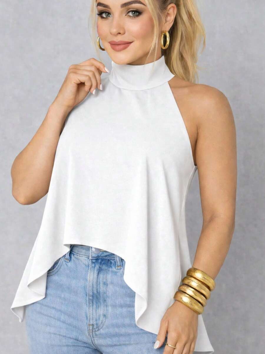 Women's Tank Top With Halter Neck And Tie Detail - Summer - 白色 - 查看 1
