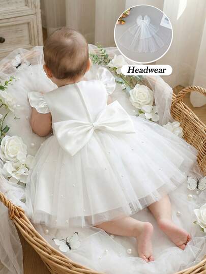 Vit tyllklänning för flickor, kortärmad rosettdekoration puffig mesh festklänning, elegant prinsessklänning för flickor, lämplig för 1-årsdag, bröllop, fest, bankett, med huvudbonad