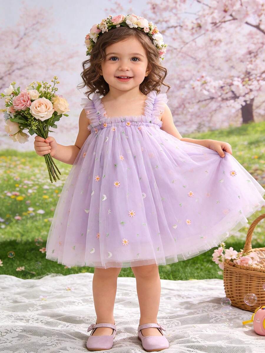女婴优雅可爱休闲刺绣网纱连衣裙，适合派对、海滩、度假、毕业典礼、复活节、夏季等场合。 - 紫色 - 查看 1