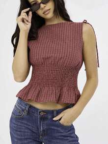 Y2K Gingham Smocked Waist Peplum Top  Sleeveless Boat Neck Tie Shoulder Blouse  Retro Cottagecore Crop Top For Summer, Brunch  Casual Outfits - Đỏ - Xem 7