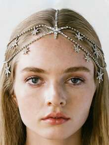 1pc Hexagram Rhinestone Hair Accessory, Sexy Bridal Wedding Hair Chain Jewelry - Silver - View 1