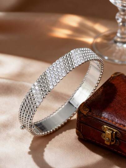 1pc S925 Silver Fully Paved Zirconia Beaded Bracelet, Luxury Fully Paved Pearl Edge Design, Sparkling And Glamorous, Suitable For Formal Occasions, Parties, Ideal Gift For Valentine's Day, Anniversary, Birthday