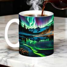 1PC, Aurora Borealis, 11 Oz Color Ceramic Mug, Vibrant Northern Lights Nature Design Print, For Home Decor, Camping, Travel, Teachers' Day, Nurse Day, Mother' Day, 250th Anniversary, Tumbler, Local Warehouse, Gifts For Men And Women, Friends. - Màu xanh lam - Xem 2