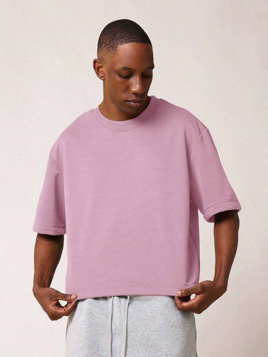 SUMWON Men's Boxy Crop Short Sleeve Sweatshirt Crew Neck Oversized Casual Pullover TopCasual Short-Sleeve T-Shirts For Men And Women - 粉色 - 查看 1