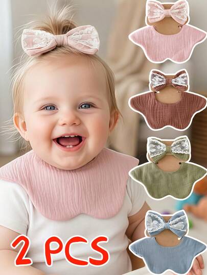 2件套婴儿蕾丝蝴蝶结发带和围兜套装，精致网纱花朵设计，柔软透气围兜，按扣设计防止脱落，多种颜色可选，适合日常喂养和拍照。