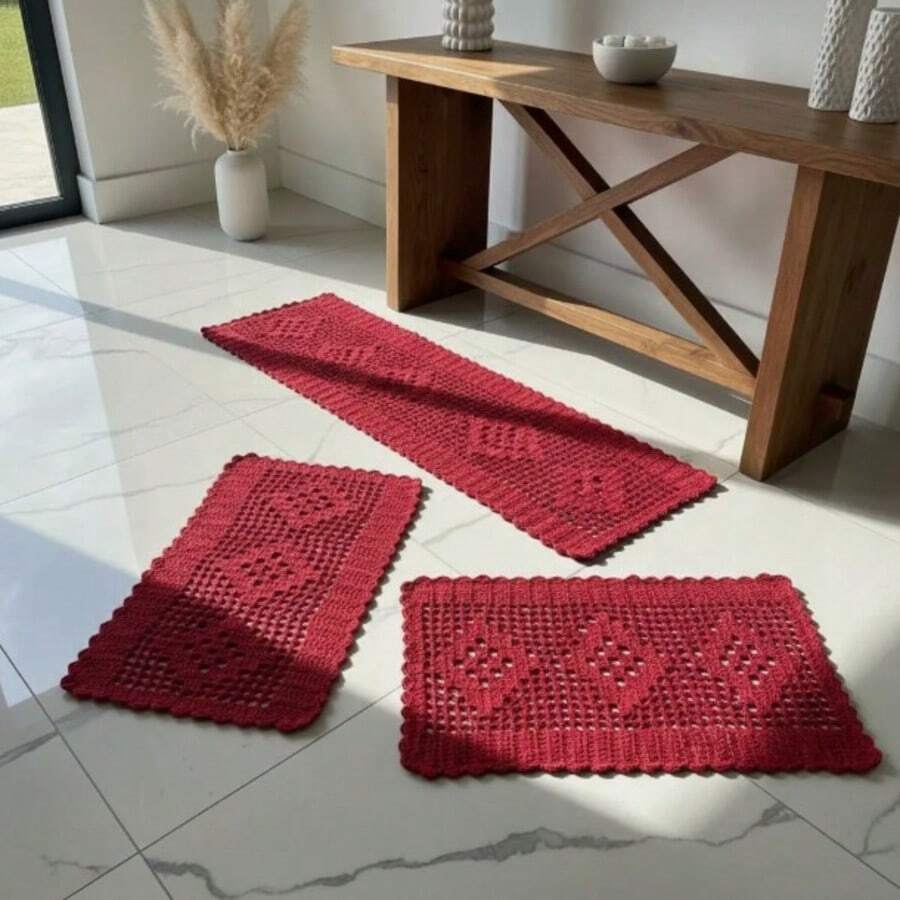 Rectangular Kitchen Rug And Runner Kit 3 Pieces Rhombus - レッド - チェックする 1