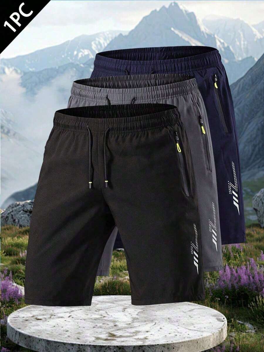 Men's Sporty And Casual Loose Quick-Drying Shorts, With Reflective Strip Design, Pocket, Zipper And Drawstring At Waist, Suitable Fitness, Running And Outdoor Activities - màu đen - Xem 1