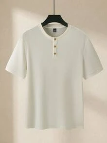 Men's Casual Solid Color Henley Neck Jacquard Waffle Short Sleeve Polo Shirt, Summer - Beige - View 4