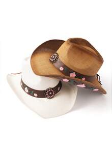 1pc Rose Embroidered Bohemian Straw Panama Hat, Beach Vacation Sun Hat, Versatile Fashion Gift For Women - Panama Hat - View 8