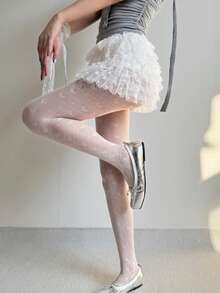 1 Pair Women's Herringbone Heart Polka Dot Fishnet Stockings, Valentine's Day - White - View 6